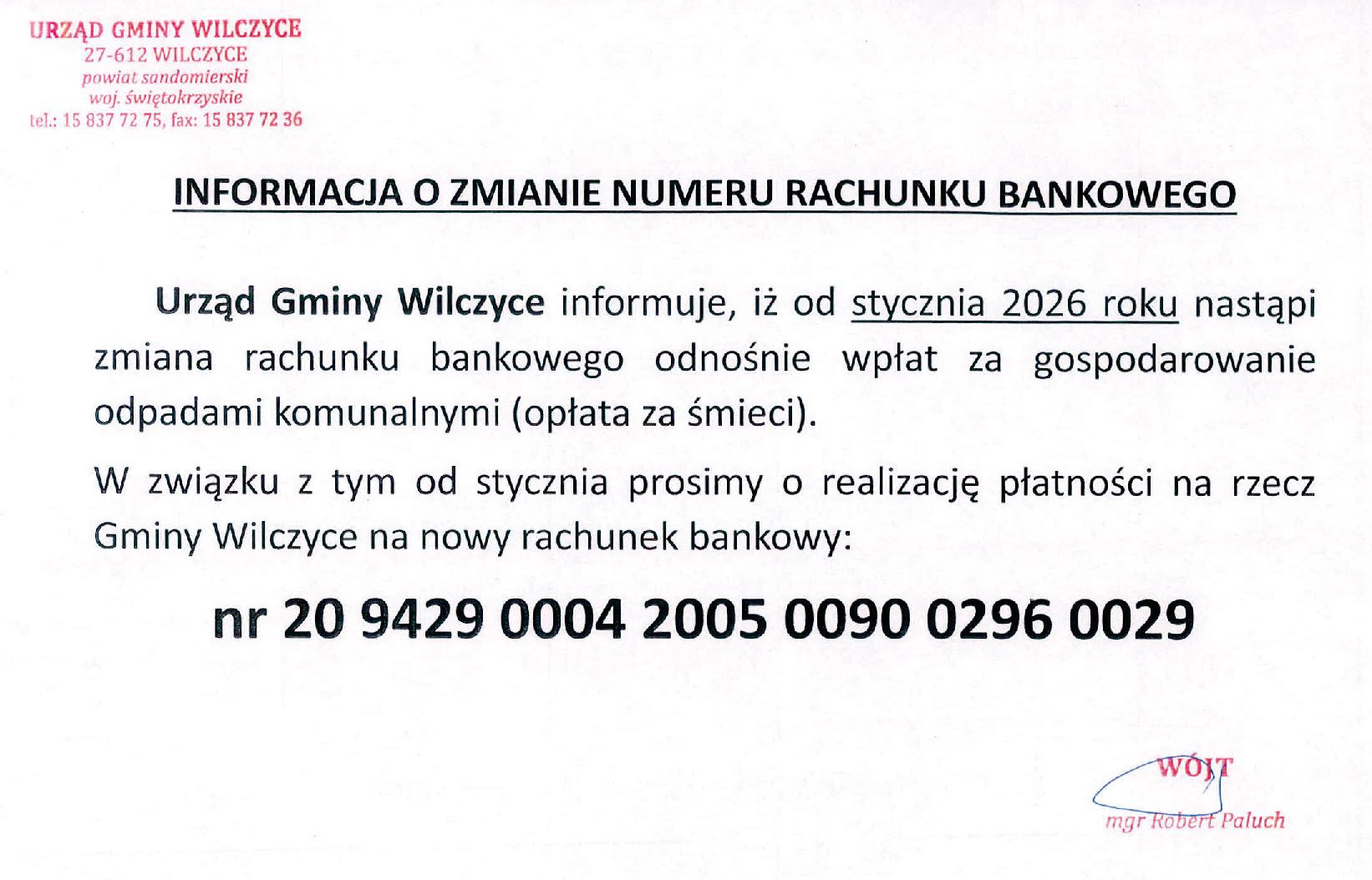 Informacja o&nbsp;zmianie nr konta dla opłat za odpady komunalne